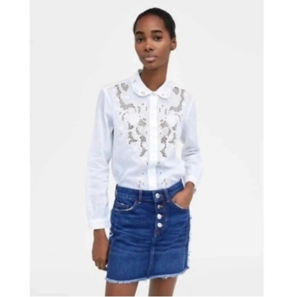 Zara Frayed Western Denim Mini Skirt Raw Hem Distressed Boho Silver Button Fly - Picture 2 of 8